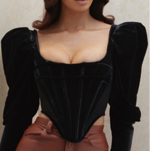 House of CB Gracie Velvet Puff Sleeve Corset - Size Large Black - Picture 1 of 3